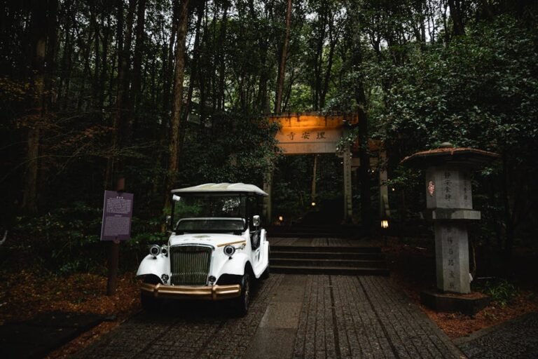 A vintage white car parked in a tranquil Japanese forest with traditional gate.